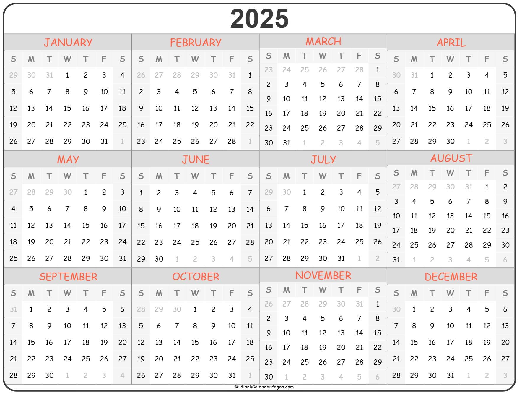 2025 Annual Calendar One Page Xander Trellis