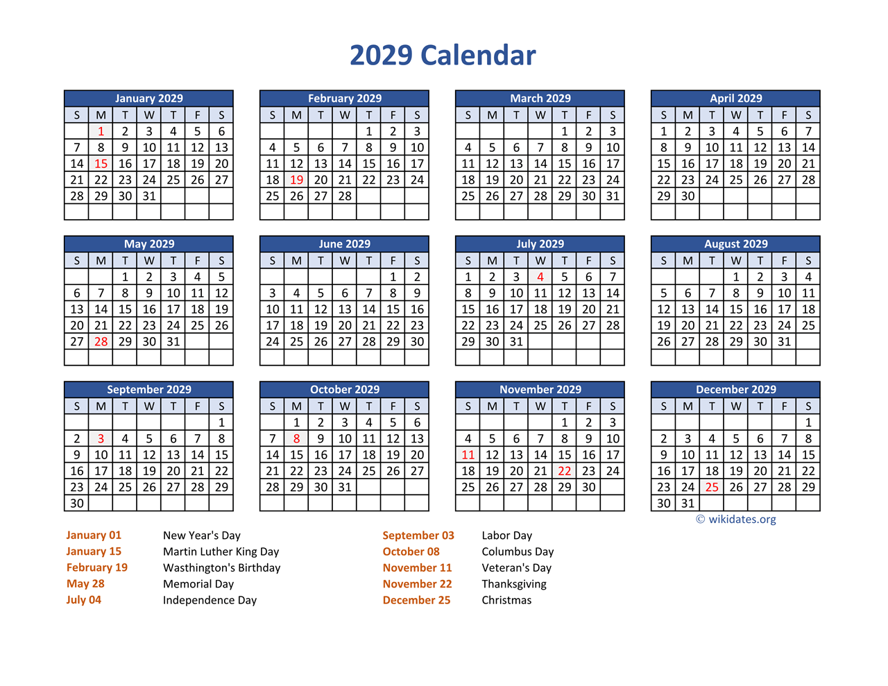 PDF Calendar 2029 With Federal Holidays WikiDates