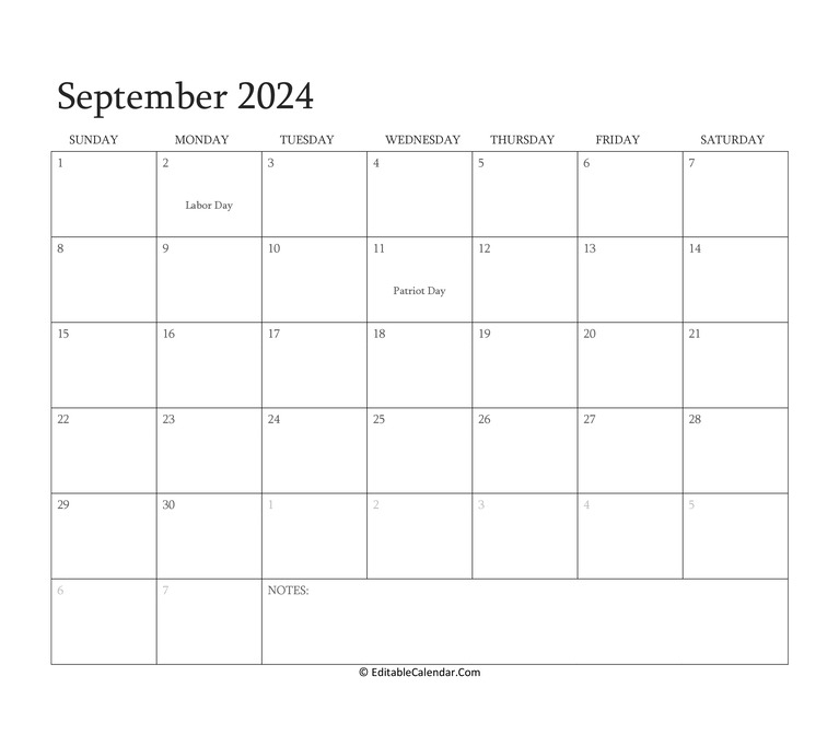 Editable Calendar September 2024