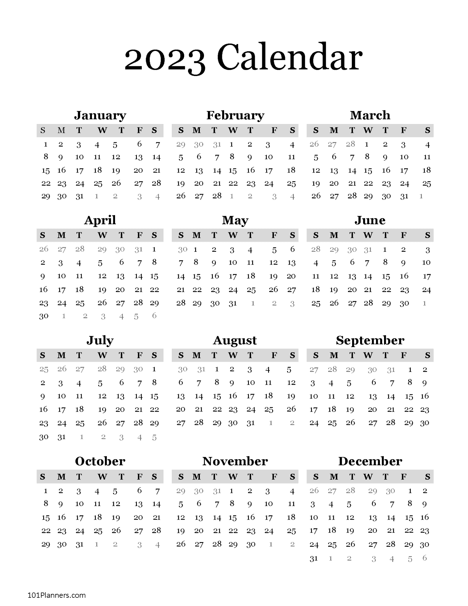 Free Printable 2023 Yearly Calendar At A Glance 101 Backgrounds