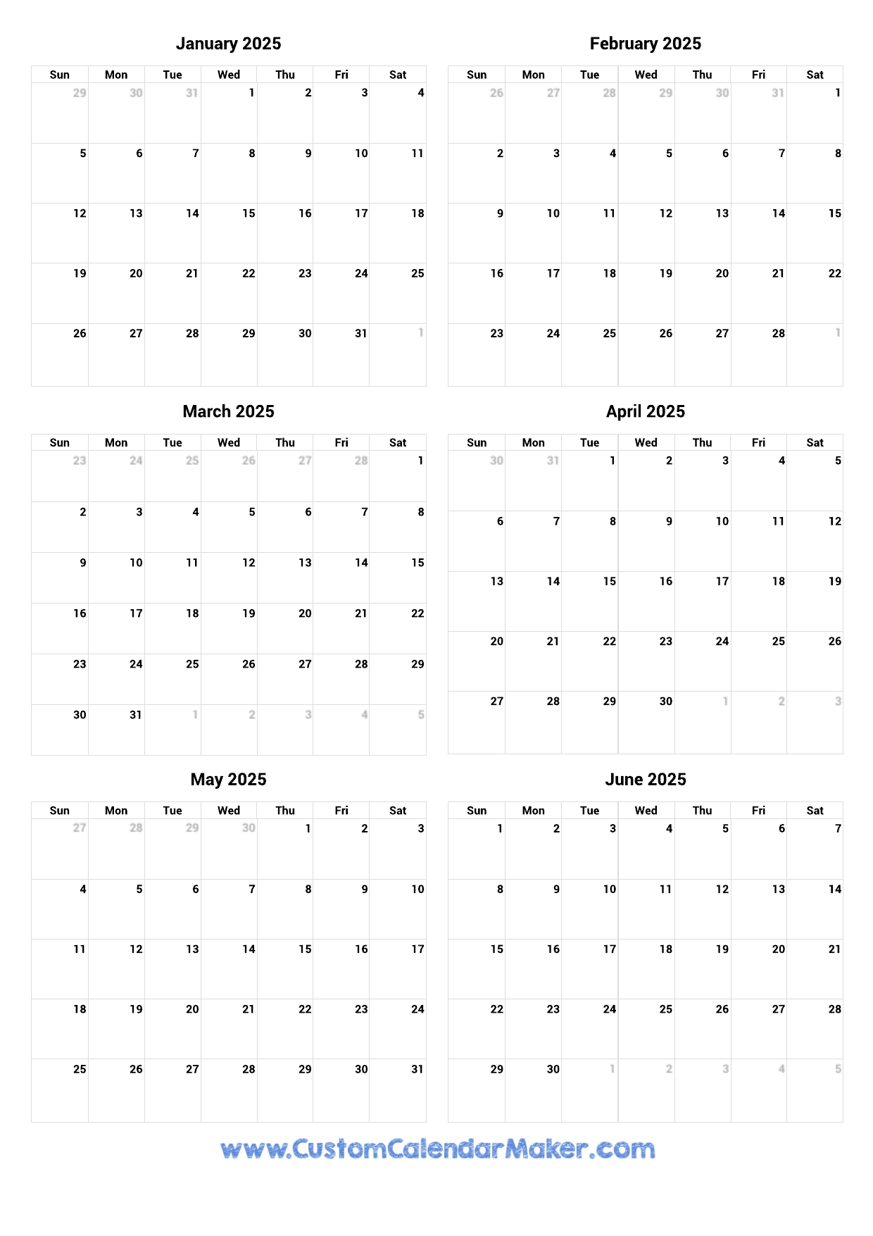 January Through May 2025 Calendar Printable