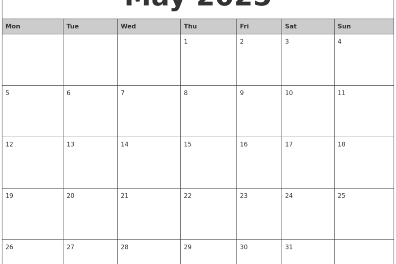May 2025 Monthly Calendar Printable